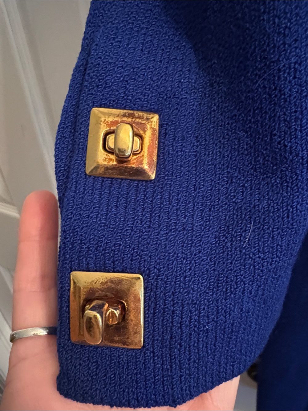 St. John Vintage Cobalt Blue Long Sleeve Sheath stretch knit Dress Gold Buttons - Picture 3 of 7